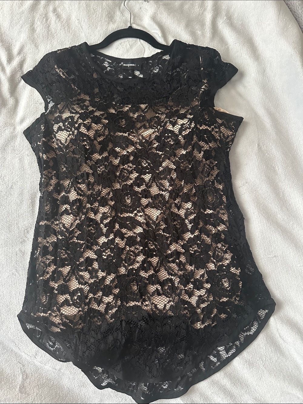 Black Lace Overlay Cap-Sleeve Top